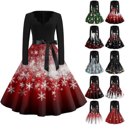 Women's Fashion V-Neck Relaxed-Fit Christmas Print Long-Sleeved Dress