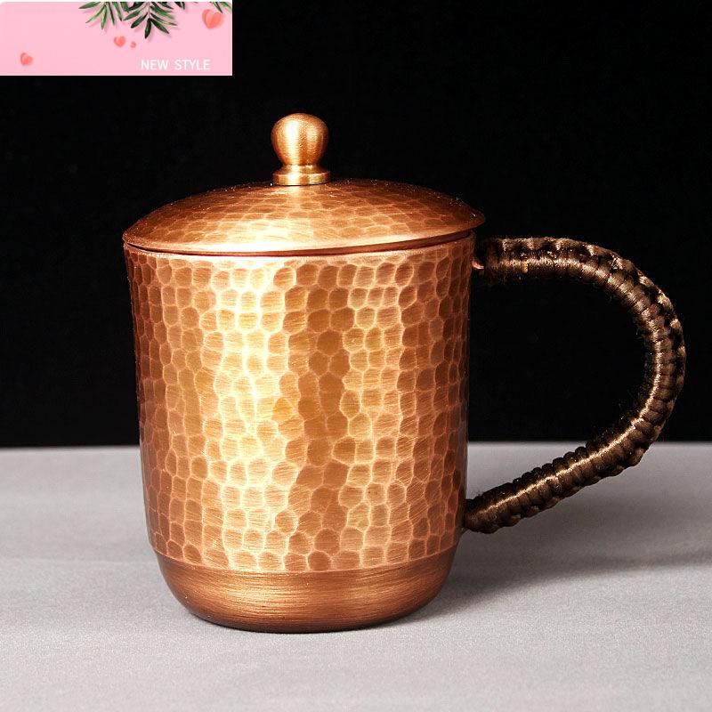 Handcrafted Pure Copper Beer Coffee Mug With lid Retro Hammer Weave Handle Thickened Hammer 350 ml Breakfast Cup Drinkware