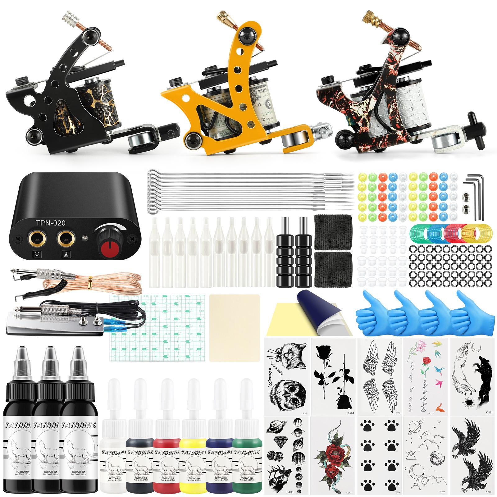 

Профессиональный набор для татуировки, набор тату-машин из 3 предметов, катушка, перманентные чернила для татуировки, наклейка для татуировки, источник питания для татуировки, оборудование для татуировки, боди-арта