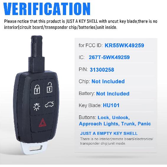 Sleutelloze Toegang Sleutelbehuizing Vervanging voor Volvo C70 C30 S40 V50 5 Knoppen KR55WK49259, Alleen een Sleutelbehuizing
