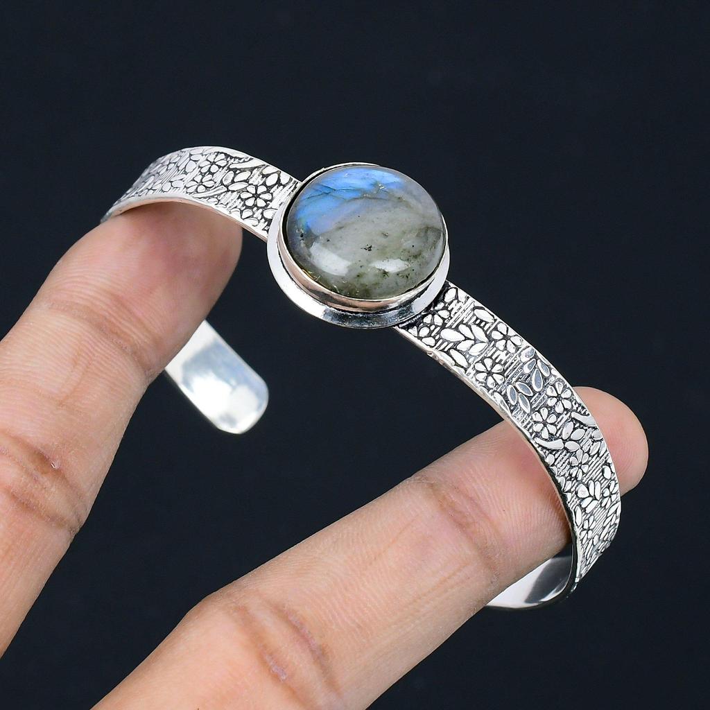Birthday Gift For Her Natural Labradorite Gemstone Bangle Adjustable 925 Silver