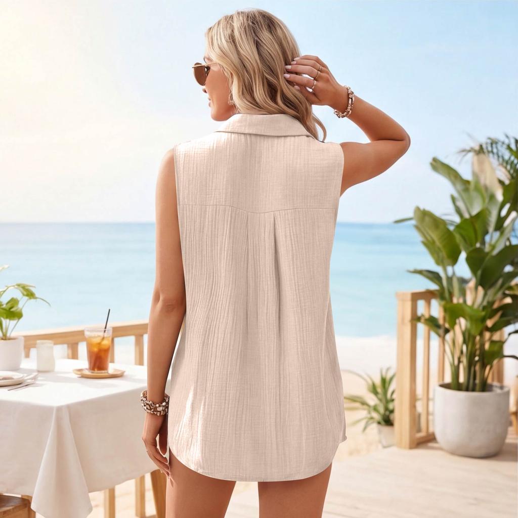 Chaleco Casual sin Mangas para Mujer Ajuste Holgado Cuello de Camisa Abotonado Blusa Ligera de Verano para Uso Diario
