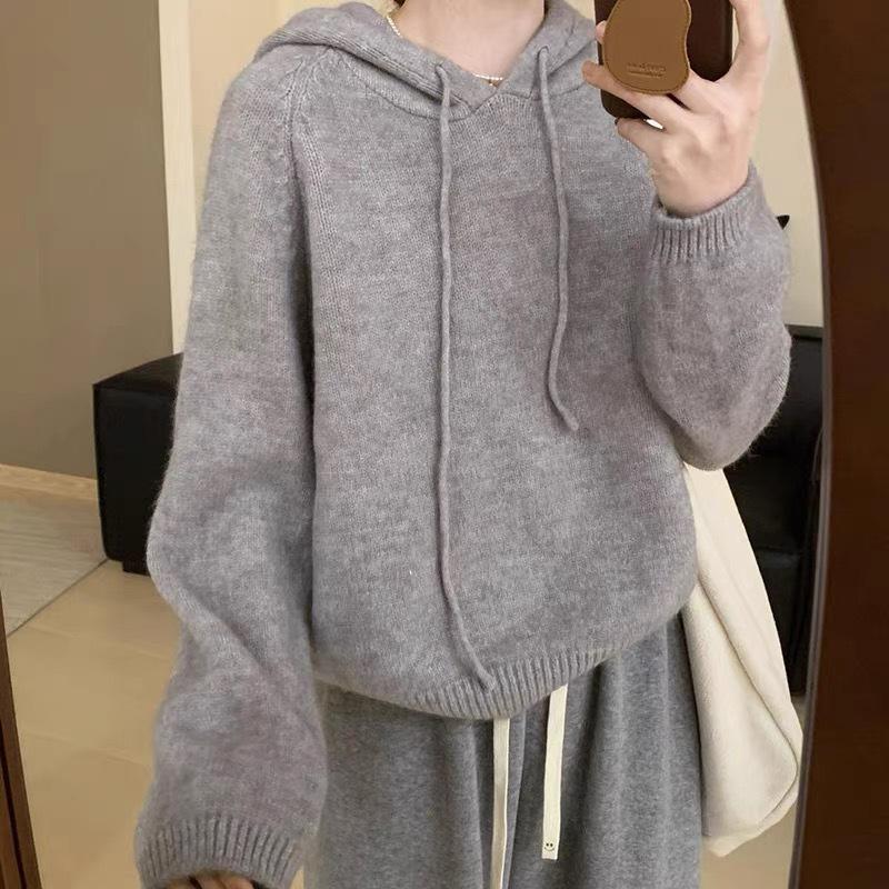 2025 Women's High-End European Style Pure Wool Hooded Sweater – Thick, Loose Knitwear for Autumn/Winter