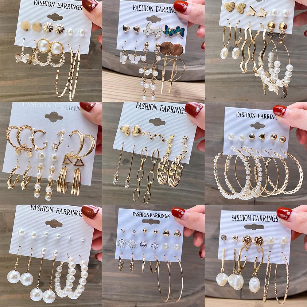 IF ME Fashion Butterfly Gold Earring Set Retro Pearl Pendant Stud Earrings Women Jewelry Accessories