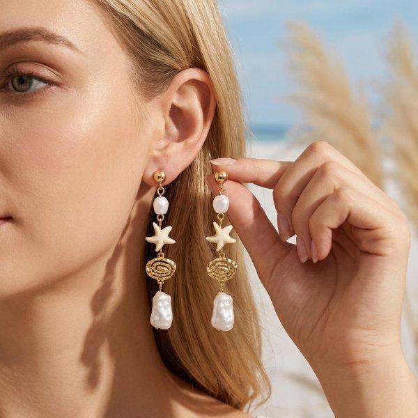 

Luxurious Sparkling Zircon Metal Starfish Earrings for Women Bohemia Gold Color Conch Shell Tassel Drop Earrings Beach Jewelry