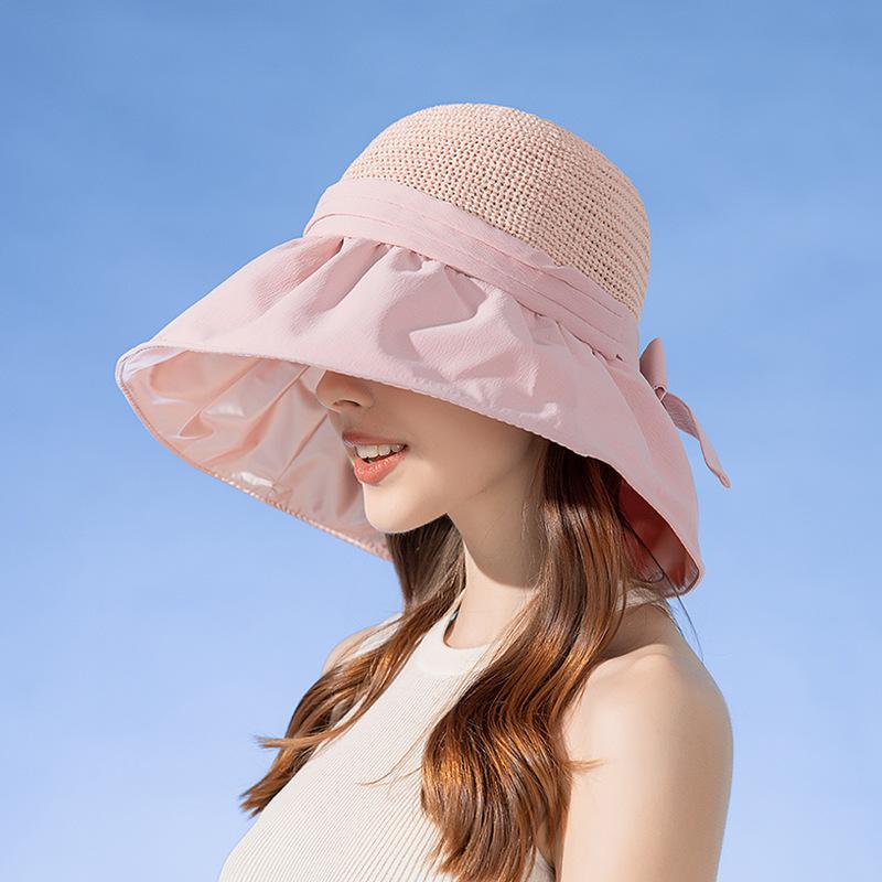 Luxury Summer Bucket Hat for Women Breathable Mesh Spliced 12cm Large Brim Sun Cap Candy Color Elegant Ladies Casual Bow Top Hat
