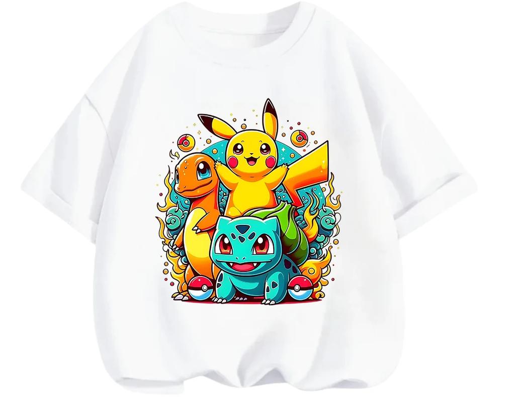 Hot Selling 2026 Kids T Shirt Pikachu Lovely Pattern Soft Comfy Casual School Wear Boys Girls Summer Street Apparel