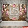 2D Sweet 15 Photo Backdrop with Diamond Number 15, Pink Gold Balloons and Flowers
