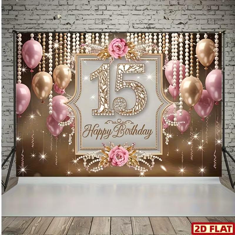 2D Sweet 15 Photo Backdrop with Diamond Number 15, Pink Gold Balloons and Flowers