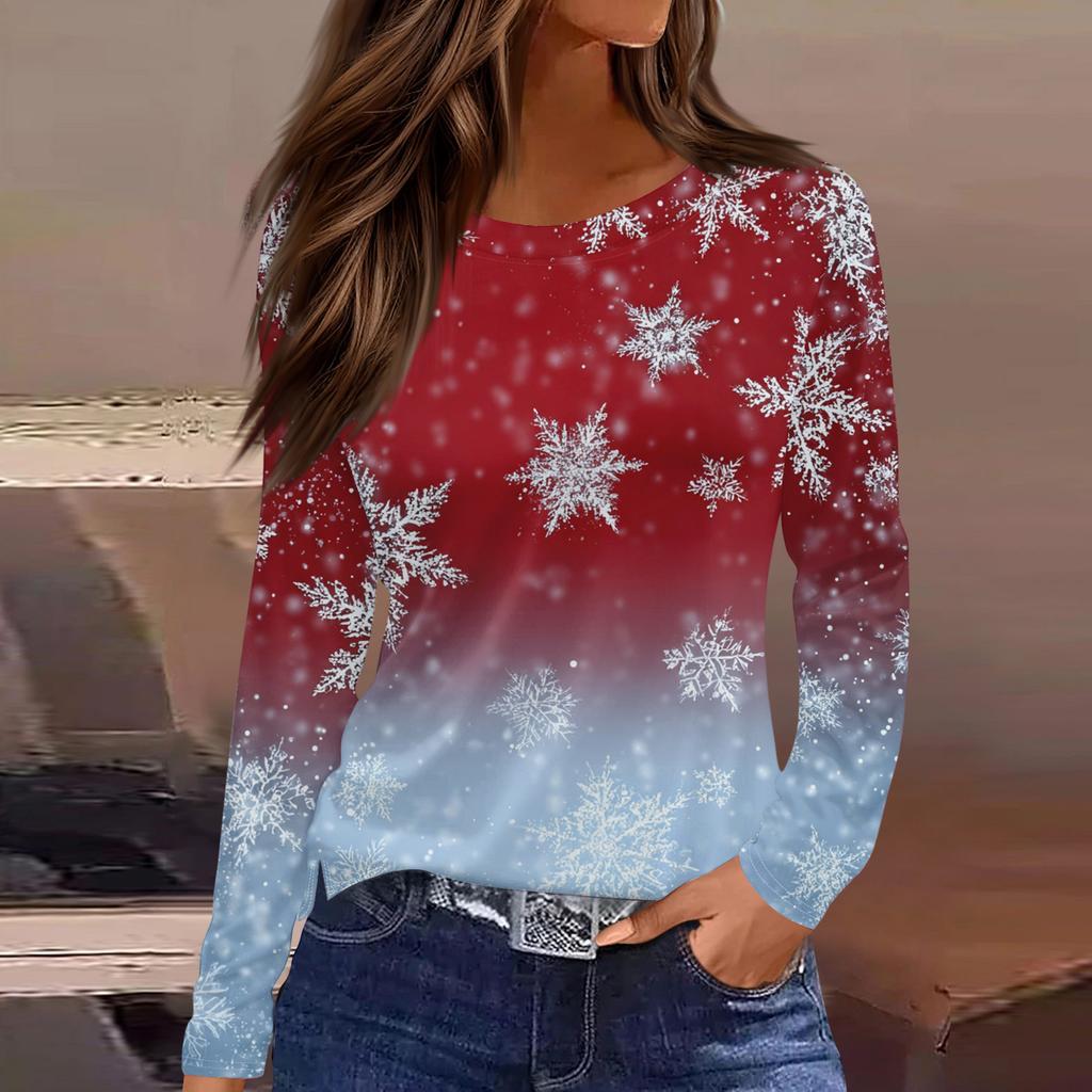 3D Schneeflocken-Print Pullover Rundhals Langarm T-Shirt Festliche Farbe Lässig Locker Herbst Oberteil