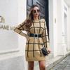 Women Fall Winter New Contrast Color Plaid Long Sleeve Sweater Bottoming Loose Knitted Dresses S-L