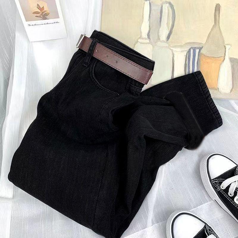 

High-Waisted Velvety Warm Women s Harem Jeans - Autumn/Winter Style, Cropped Straight-Leg. S