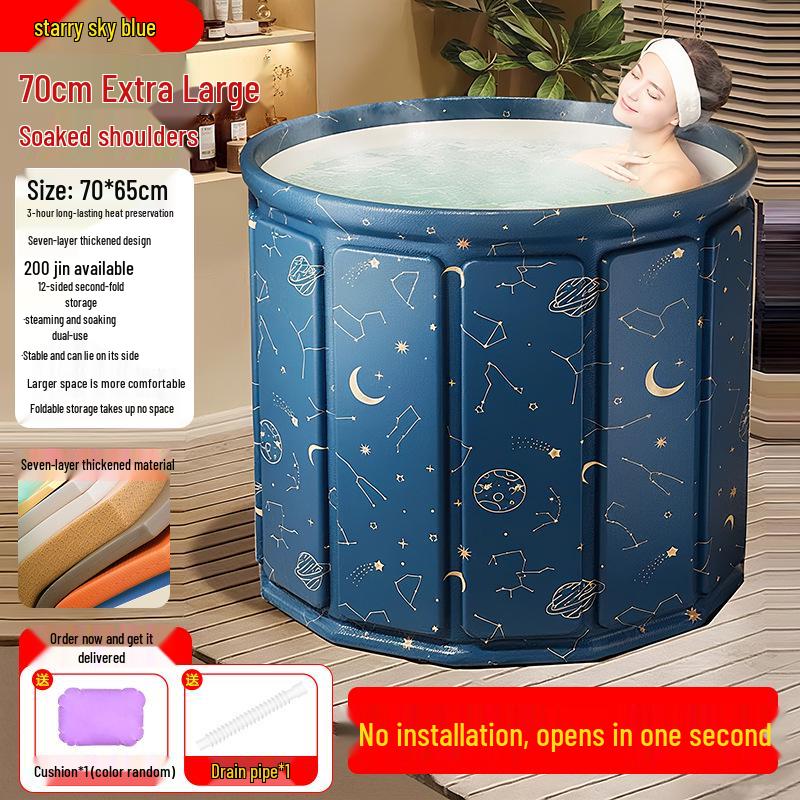 Folding Insulated Adult Soaking Tub - Anti-Rollover, Cotton-Padded, Large Size (Blue/Pink)