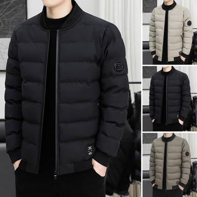Winter Men Coat Thick Padded Stand Collar Zip-up Long Sleeves Solid Color Zipper
