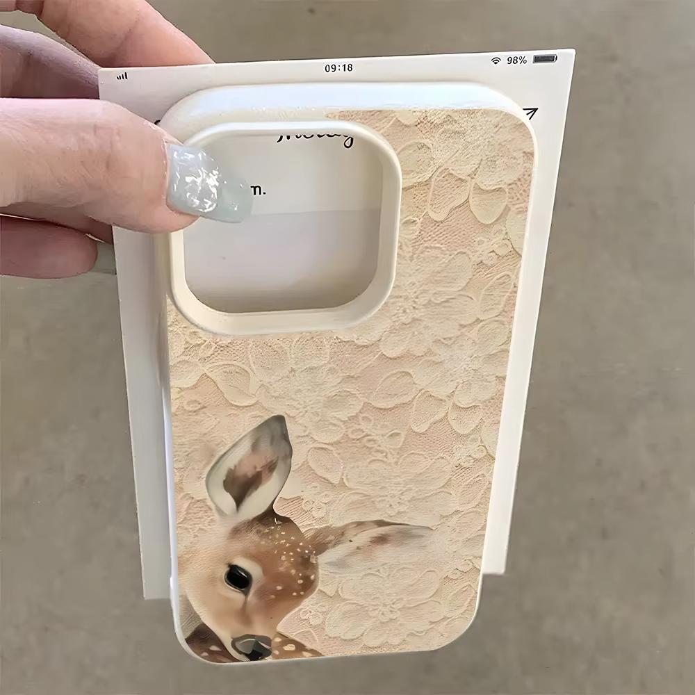 Lace Texture Deer Pattern Phone Case For iPhone 17 Pro Max 16 Plus 15 Pro 14 13 12 11 XR 17Air Lychee Textur Soft Cover