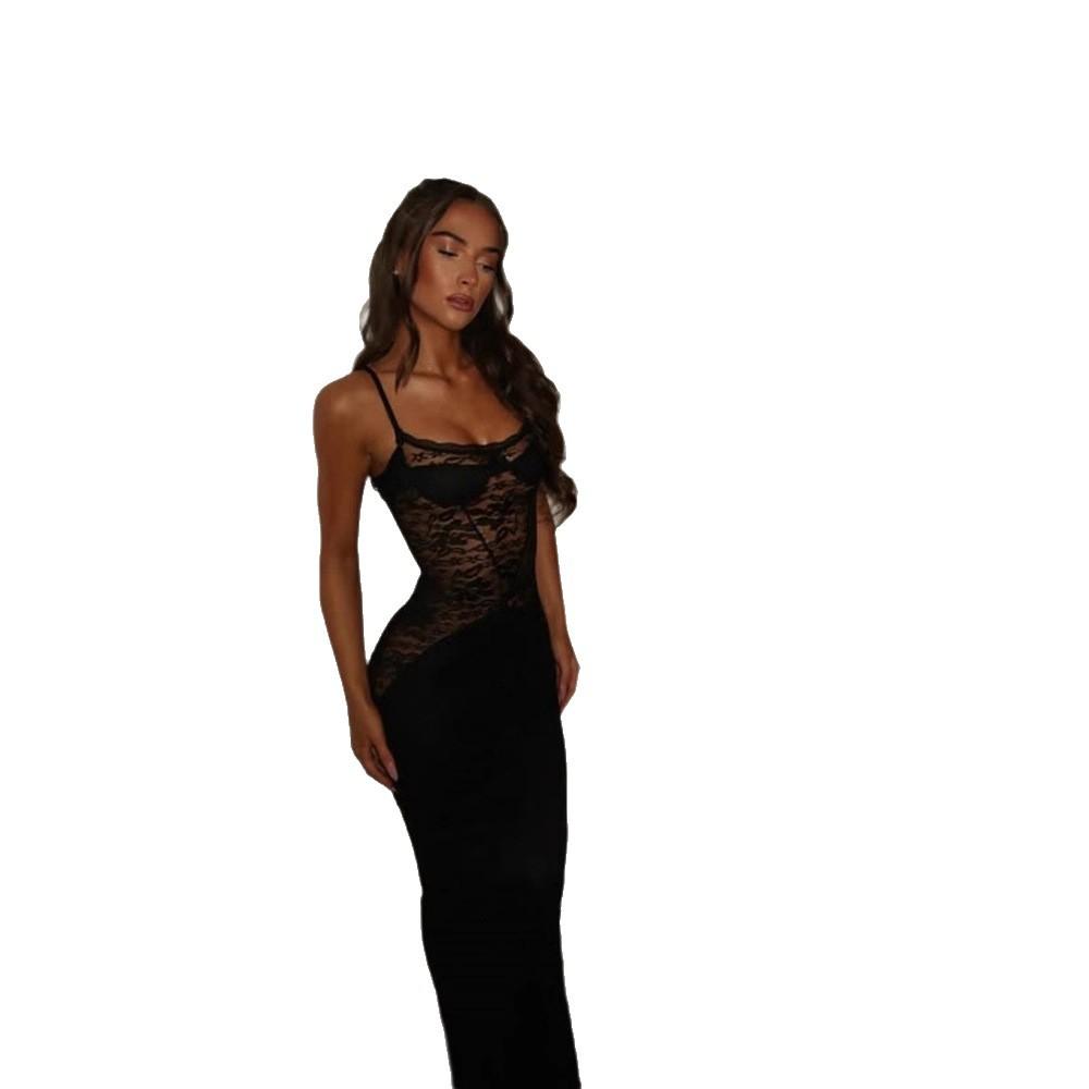 Temu European and American women's clothing new sexy Spice Girls long dress suspender lace splicing dress women