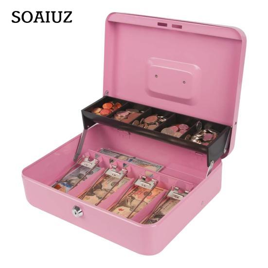 Cash Storage Box with Lock 2 Keys Metal Money Box with Cash Tray Large Capacity Multi-compartments Portable Lock Safe Box
