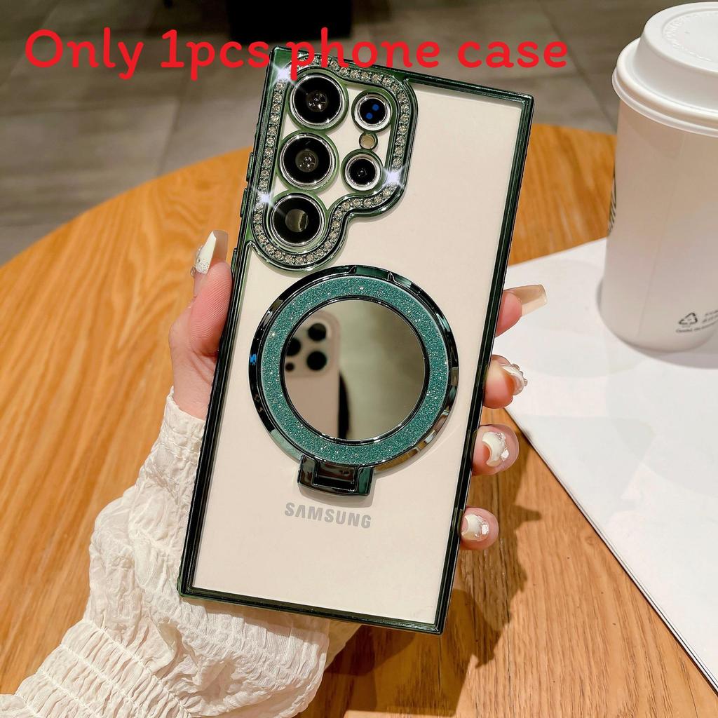 

For Samsung S24 Plus Protective Mirror Phone Case With Magnetic Support And Sparkling Glitter зелений