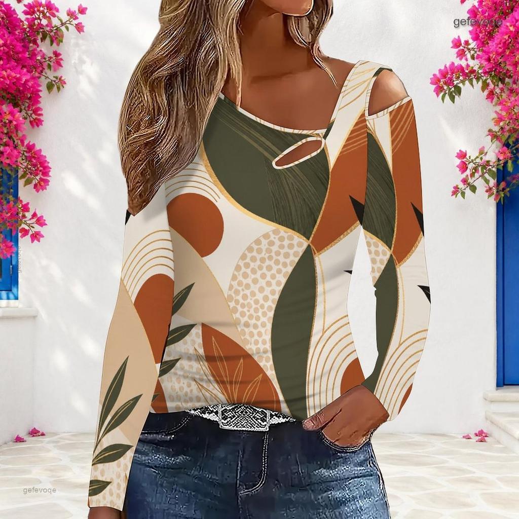 Women Plus Size White Pink Leopard Print Asymmetric Cutout Cold Shoulder Long Sleeve Shirt