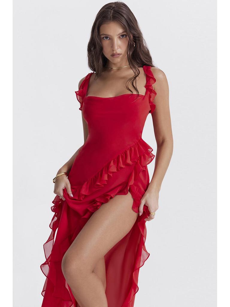 2024 Französisches Rüschenkleid mit Schlitz für den Sommer für Damen