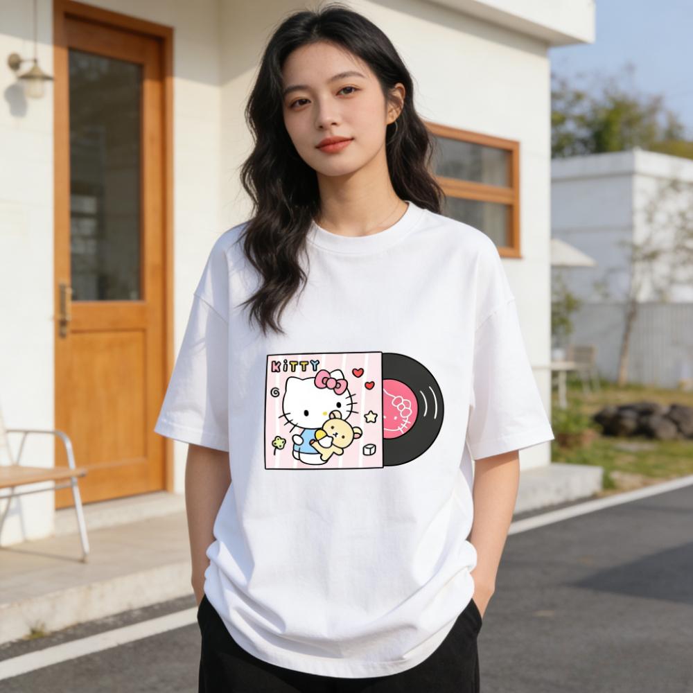 2026 Summer Hello Kitty Cartoon Printed Short Sleeve Pure Cotton Tshirt Womens Family Matching Outfits Classic Fashion Tee Top