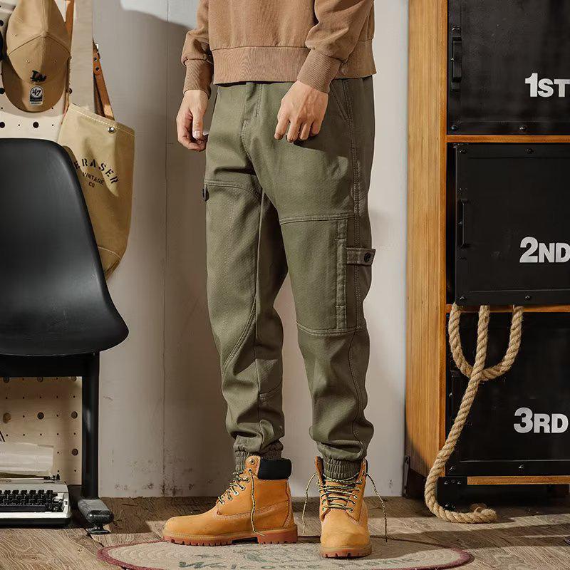 

Мужские свободные прямые хлопковые шаровары с широкими манжетами на весну и осень. XL армия зеленый