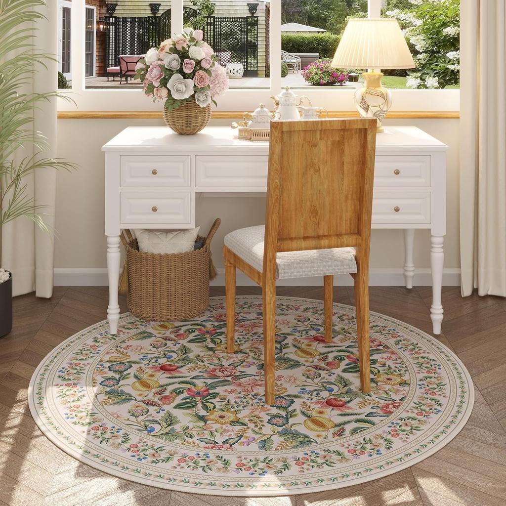 Round Living Room Carpet Foldable Machine Washable Boho Vintage Floral Soft Circular Rug Bedroom Bedside Cloakroom Nursery Rugs