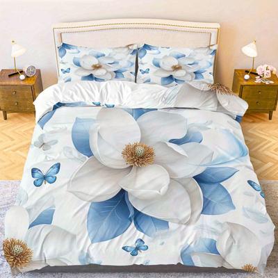 Comforter 3Pcs White Flower Blue Leaves Feather Butterfly Theme Perfect For Bedroom Living Room Hotel Lounge Decoration