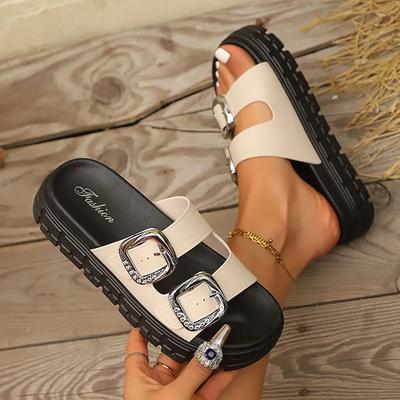 Flache Sandalen mit Metallschnallendekor für Damen in Übergröße, dicke Sohle, klobige Plateau-Slipper, Sommer 2025, bequem, rutschfest, Strand-Slides