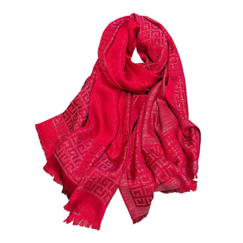 Long Scarf Fashion Simulation Silk Scarf Women'S Fashion Versatile Scarf Shawl Dustproof Premium Tencel Cotton Gold Silk