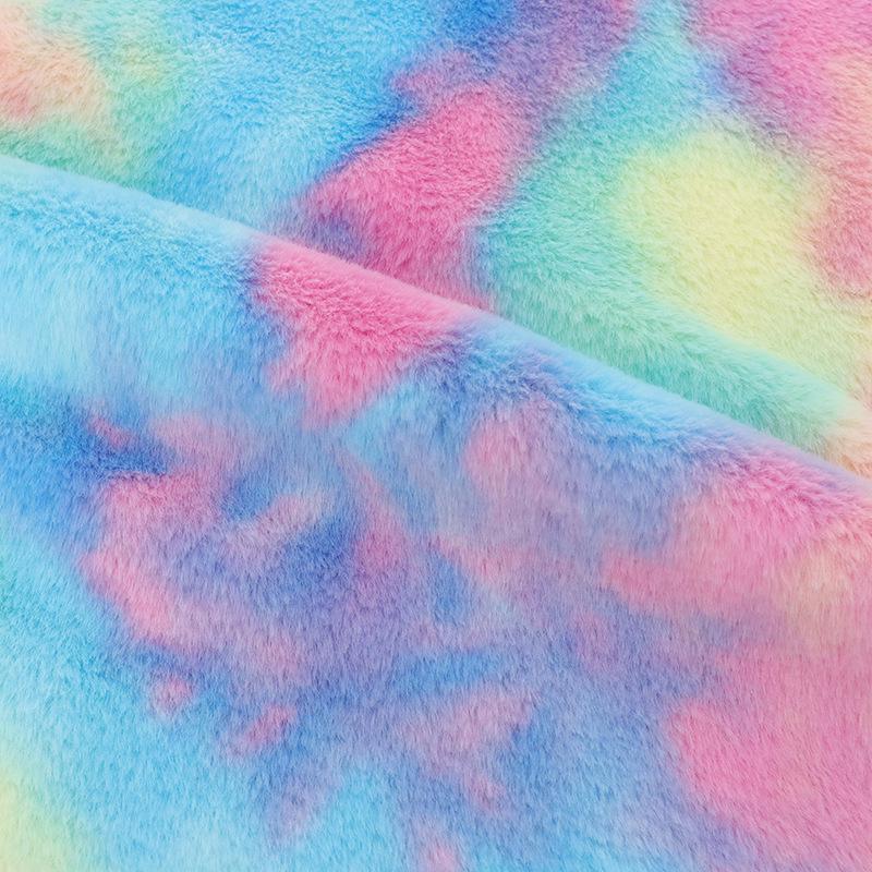 Tecido de pelo de coelho de imitação de veludo tingido com gradiente de arco-íris com cores de fantasia
