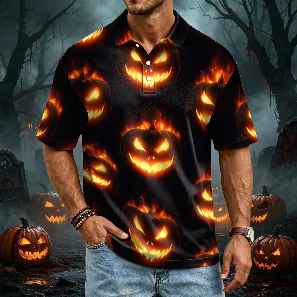 Men’s Casual Quick Dry Mesh Golf Polo Shirt Halloween Printed Short Sleeve Lightweight Breathable Top for Outdoor Sports Activities