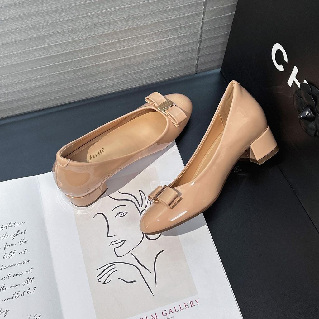 Height increase 6CM bow metal patent leather high heels women's 2025 new sweet round head one pedal thick heel single shoes