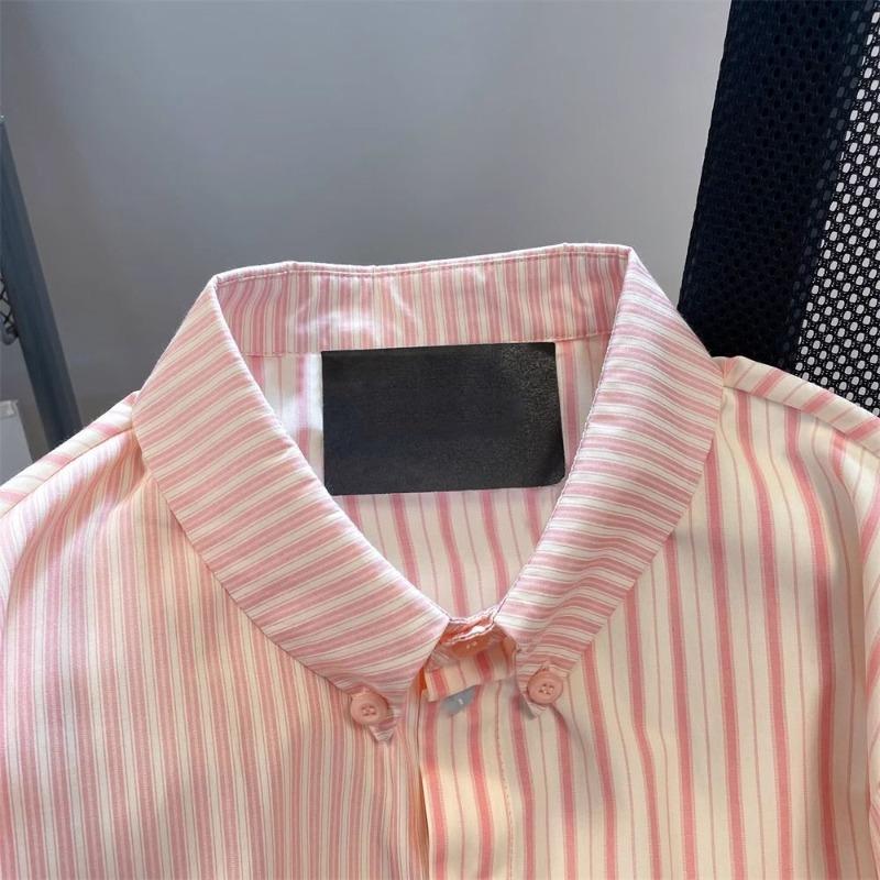Cămașă de damă colorată cu dungi roz și nasturi, top de vară cu mânecă scurtă în stil colegial, largă, cu guler răsturnat, cămăși de damă