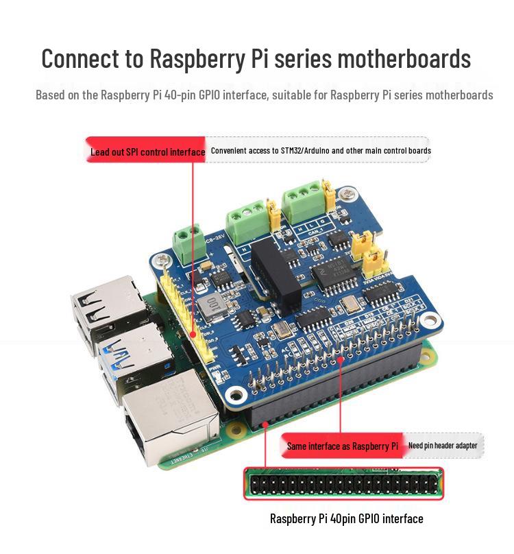 Dual-Channel Isolated CAN FD Bus Expansion Board for Raspberry Pi with SPI Interface, 4-Channel CAN Module Support