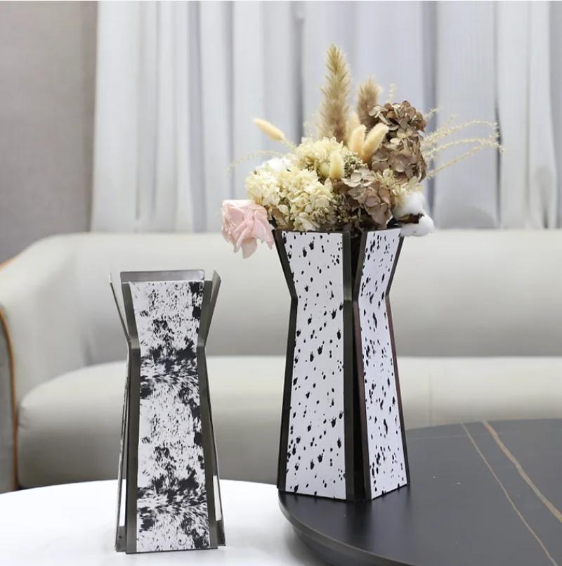 Luxury Stainless Steel Vase, Splashed Ink Art Leather Metal Flower Vase, Flower Arrangement, Living Room Decoration Ornament