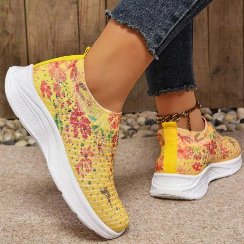 Fashion Crystal Floral Women's Knitted Sneakers Summer New Breathable Air Mesh Casual Shoes Woman Light Weight Walking Sports Flats