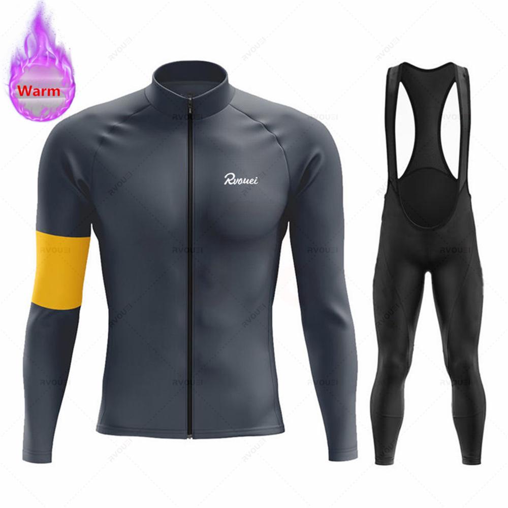 Winter Rvouei Cycling Clothing Men's Thermal Fleece Bicycling Clothing Set Outdoor MTB Bike Bib Pants Ropa Maillot Ciclismo