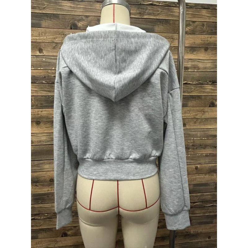 Women Short Zip Up Hooded Cardigan Batwing Sleeve Loose Streetwear Solid Color