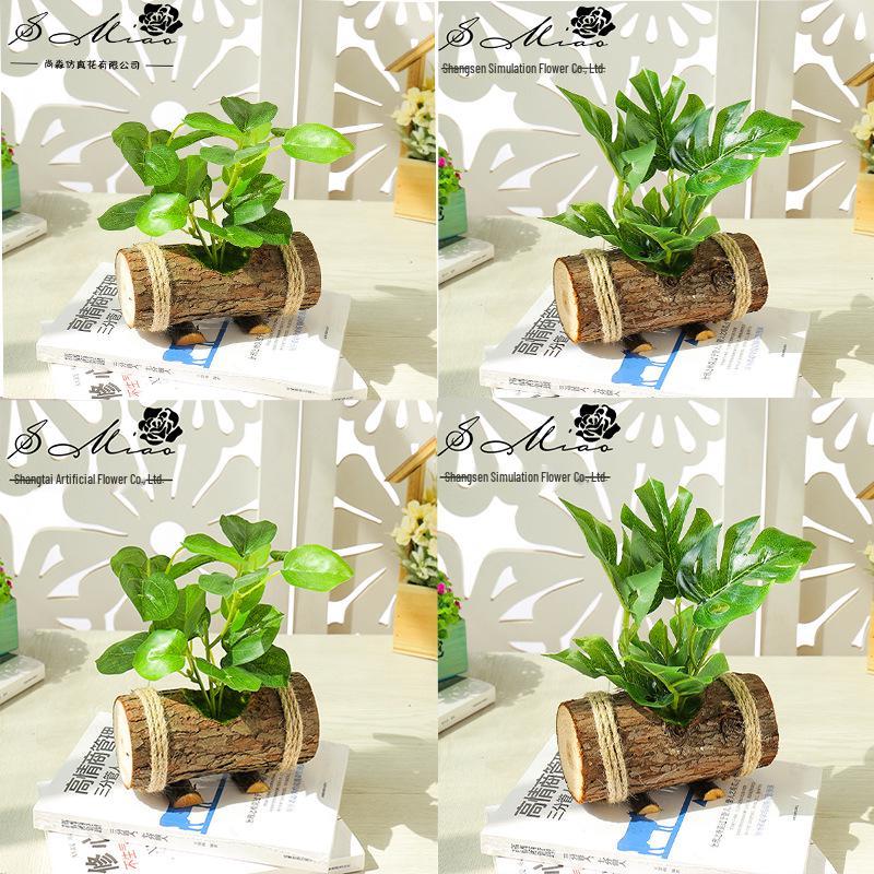Creative Wooden Basin with Artificial Green Plant Bonsai Ornament for Display and Decoration.