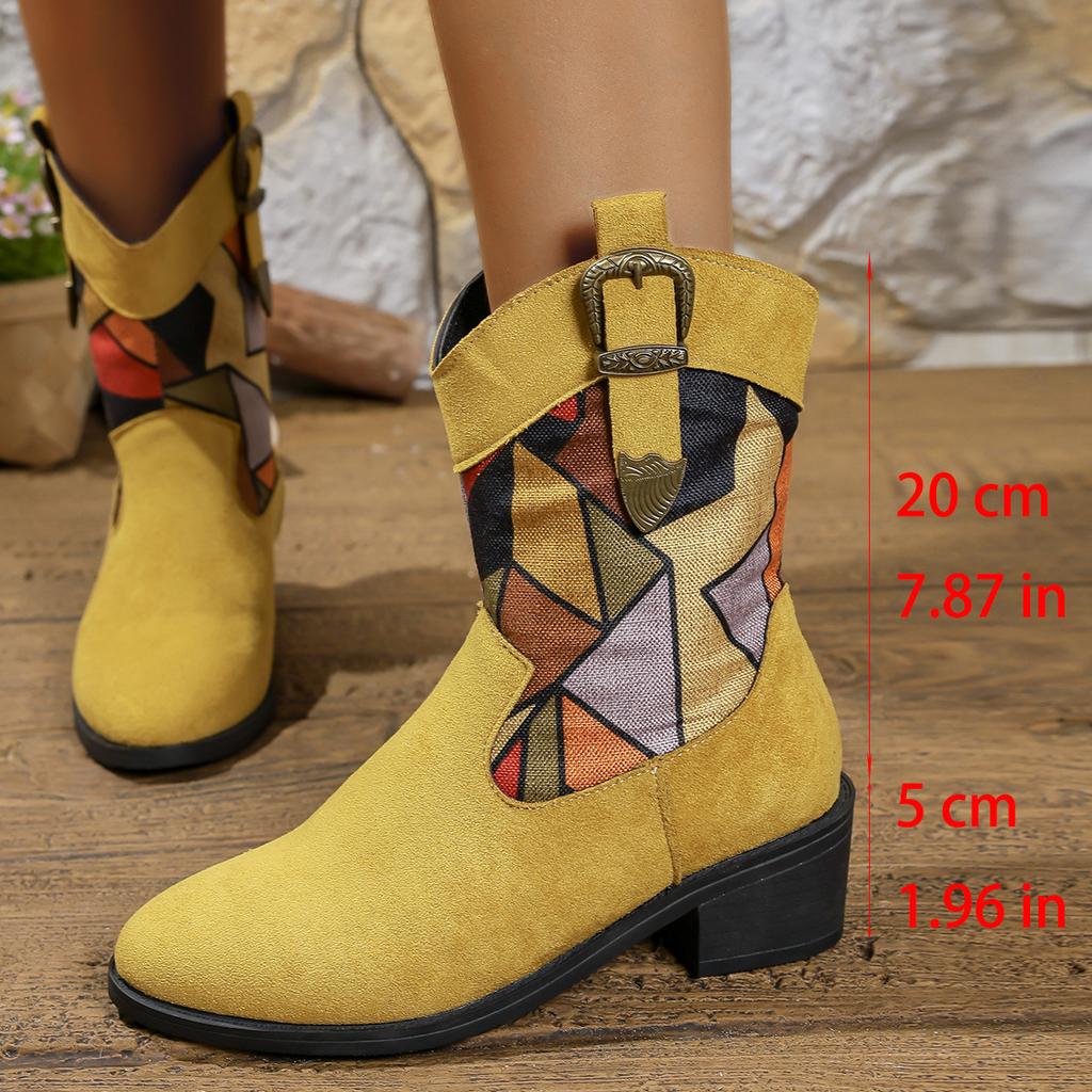 European and American Foreign Trade Thick Heel Medium Tube Color Matching Knight Boots Women's New Pointed Buckle Leopard Print Thin Cigarette Boots