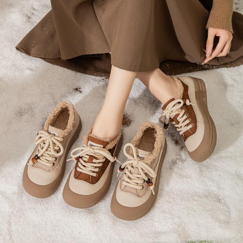 Fleece Single Shoes Women's Shoes Leather Thick-soled Warm Fluffy Shoes Women's Snow Leather Shoes New Winter Non-slip Cotton Shoes