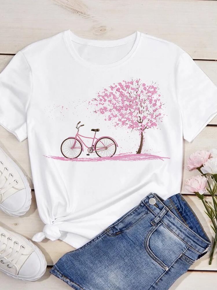 Maycaur Women Fashion Casual Tops Flower Bicycle Print TShirt Women T Shirt O Neck Short Sleeve Tees Summer Women Tshirts