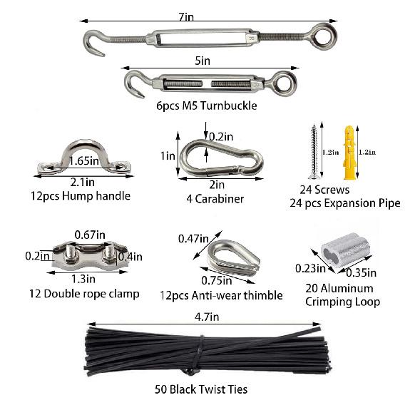 M5 Stainless Steel 304 Hook and Eye Turnbuckle Heavy Duty Wire Rope Tension with 165FT Vinyl Coated Steel Wire Cable Rope for Garden Wire,String