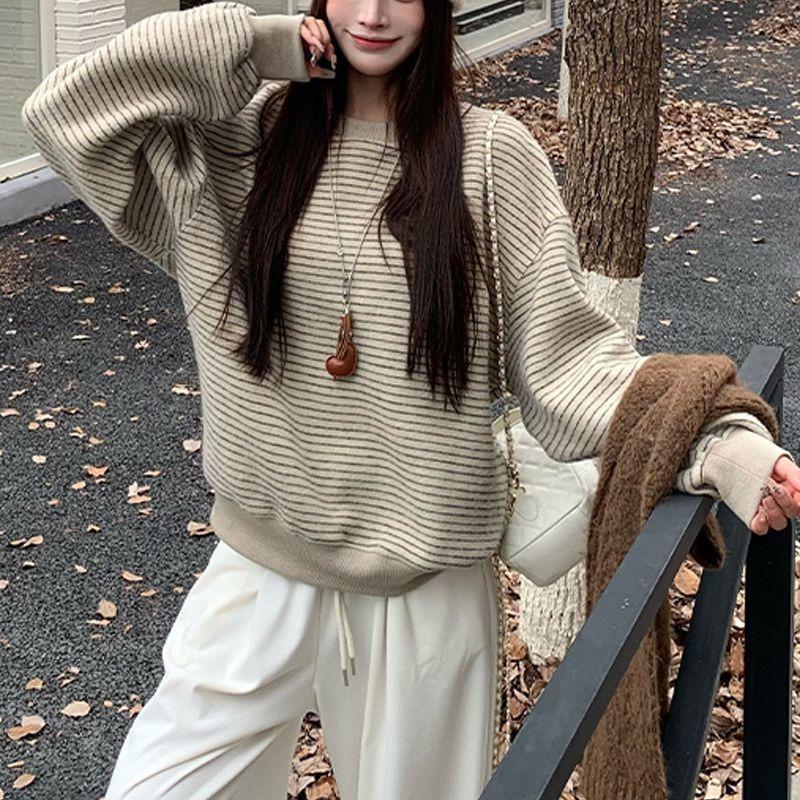 Retro Striped Round Neck Hooded Long-sleeved Sweatshirt Women Autumn New Korean Style Loose Student Top