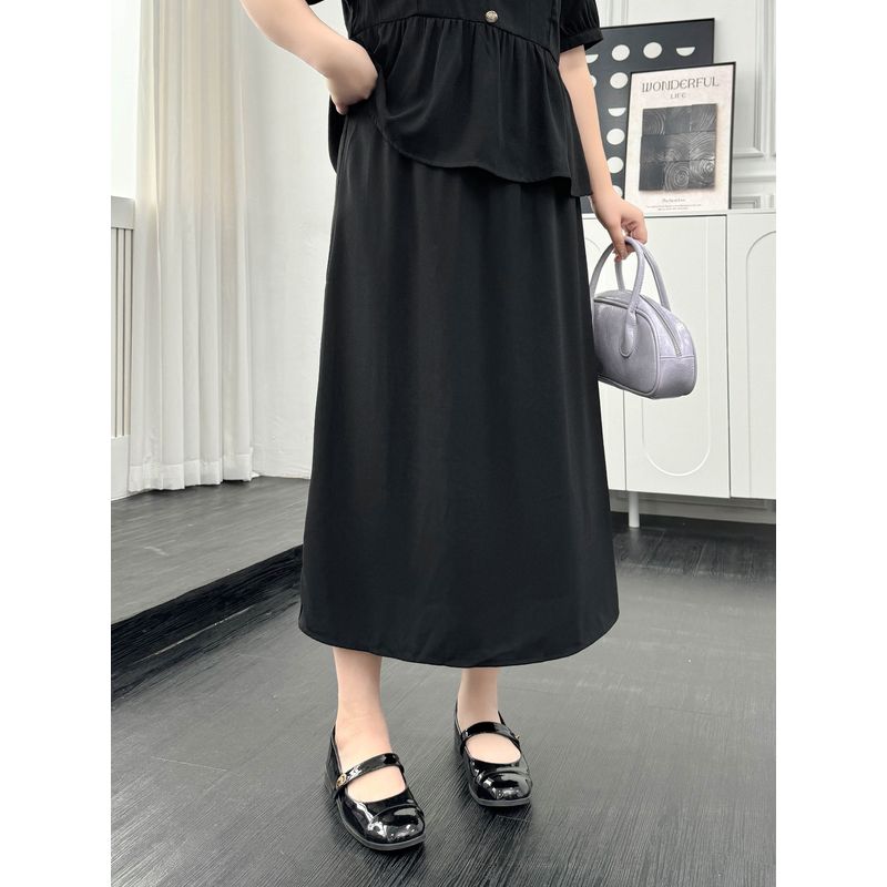 Plus size women clothing [French style Advanced Sense Set] Summer Chubby Girl Contrast Color Double Layer Lapel Short sleeve Top Skirt