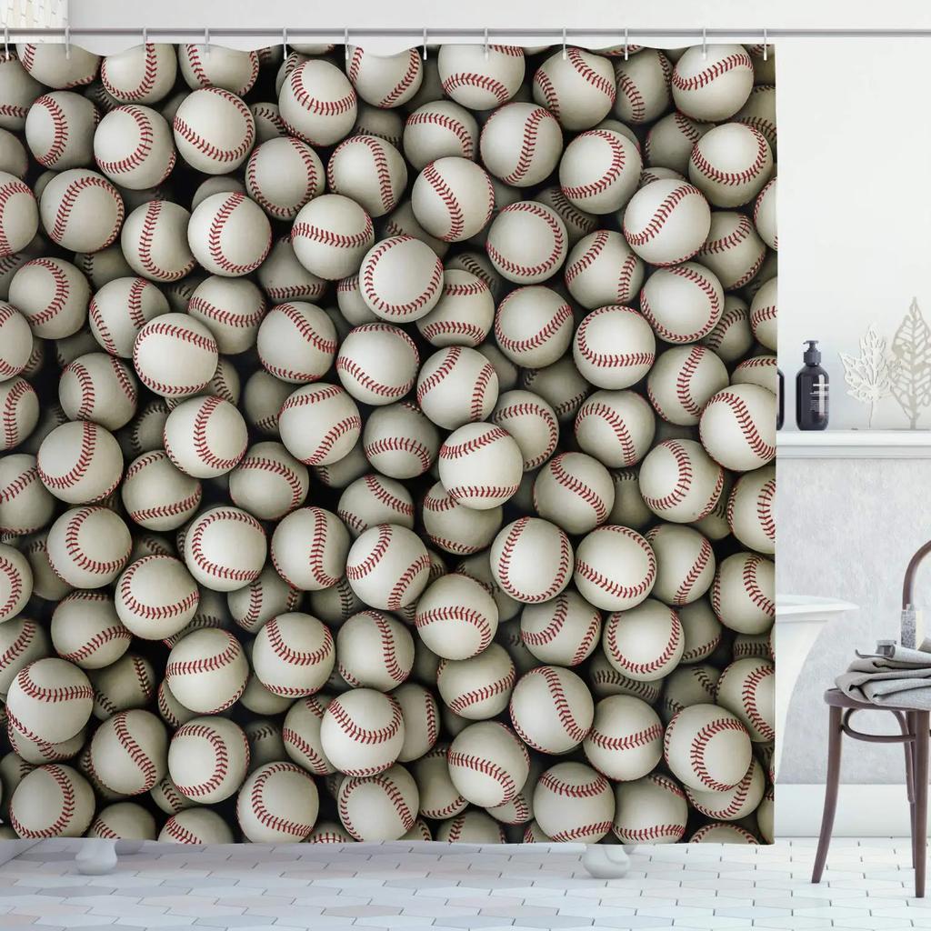 Baseball Shower Curtain Baseball Glove Sports Theme Polyester Fabric Bathtub Screen Home Decor Bathroom Curtains Set with Hooks