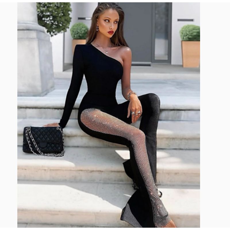 

Комбинезоны Мода 2023 Весна Новая Мода На одно плечо Длинные рукава Сексуальная сетчатая вставка Микро Пуловер Комбинезон Женский Black M