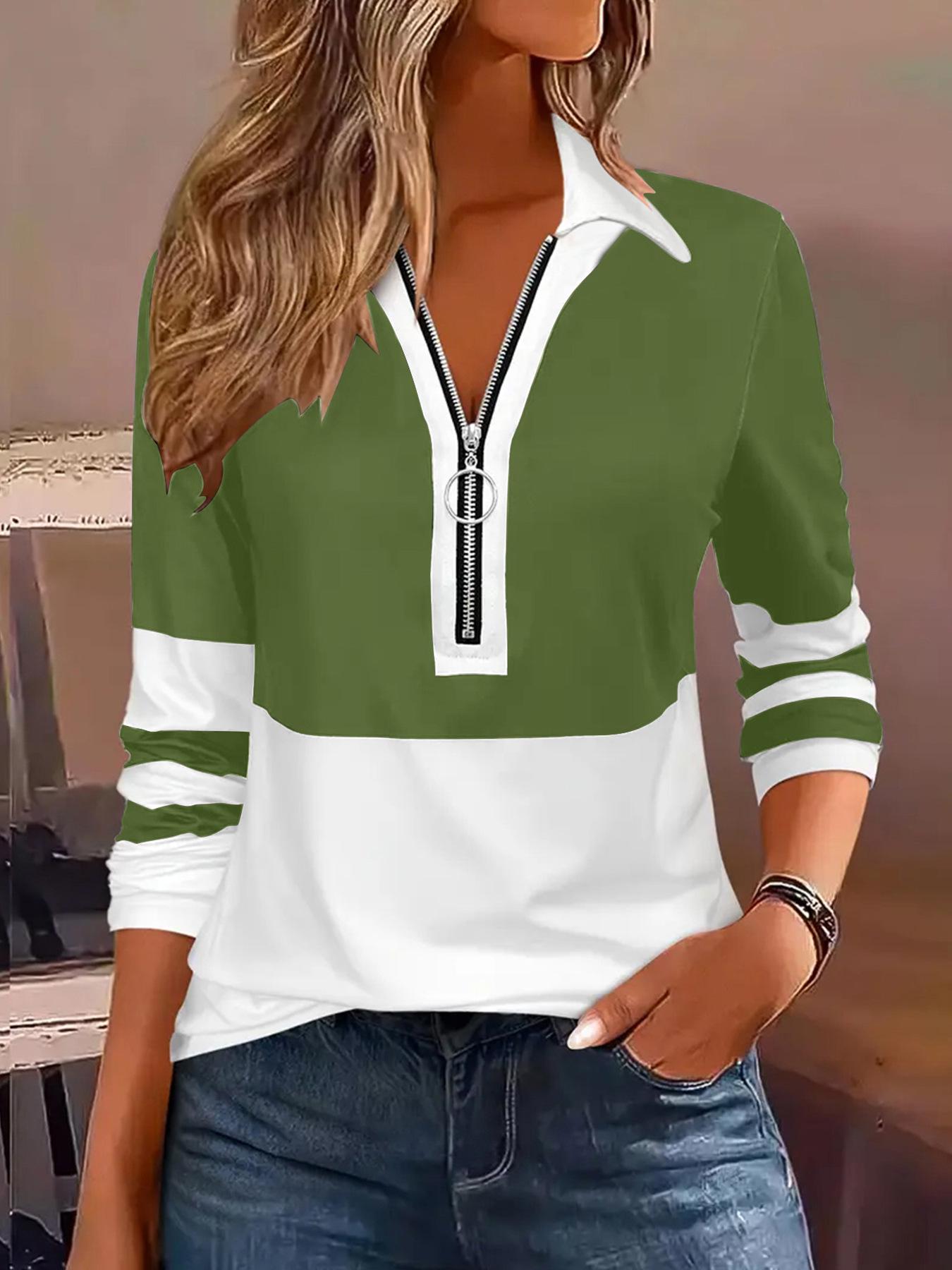 

2025 Spring/Summer Women s Casual Print Zip-Up Long Sleeve Polo Shirt XXL зелений