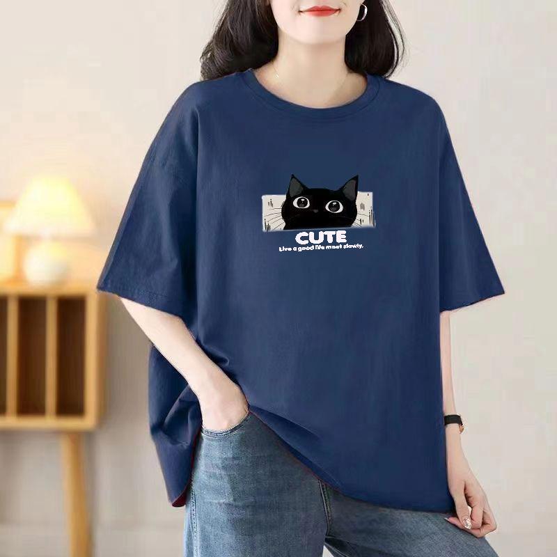 Cotton Short Sleeve T-shirt Women Loose Fashion Medium Sleeve Tops Summer Vintage T-Shirt